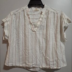 a.n.a Cream and Maroon Striped V-Neck Blouse